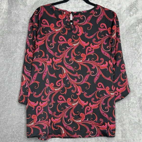 Zac & Rachel XL Shirt Top Red Paisley Bell 3/4 Sleeve Round Neck Button Back - Picture 3 of 9
